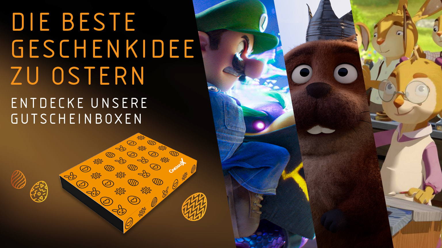 inks eine Szene mit der Figur Luigi aus einem Videospiel in leuchtender, actionreicher Umgebung. In der Mitte ein überraschter, cartoonartiger Biber mit Krone. Rechts mehrere animierte Hasen, die Ostereier bemalen. Im Vordergrund liegt eine orangefarbene Geschenkbox mit Oster-Symbolen. Darunter steht der Text: „Die beste Geschenkidee zu Ostern – Entdecke unsere Gutscheinboxen.“ 🐰🥚🎁