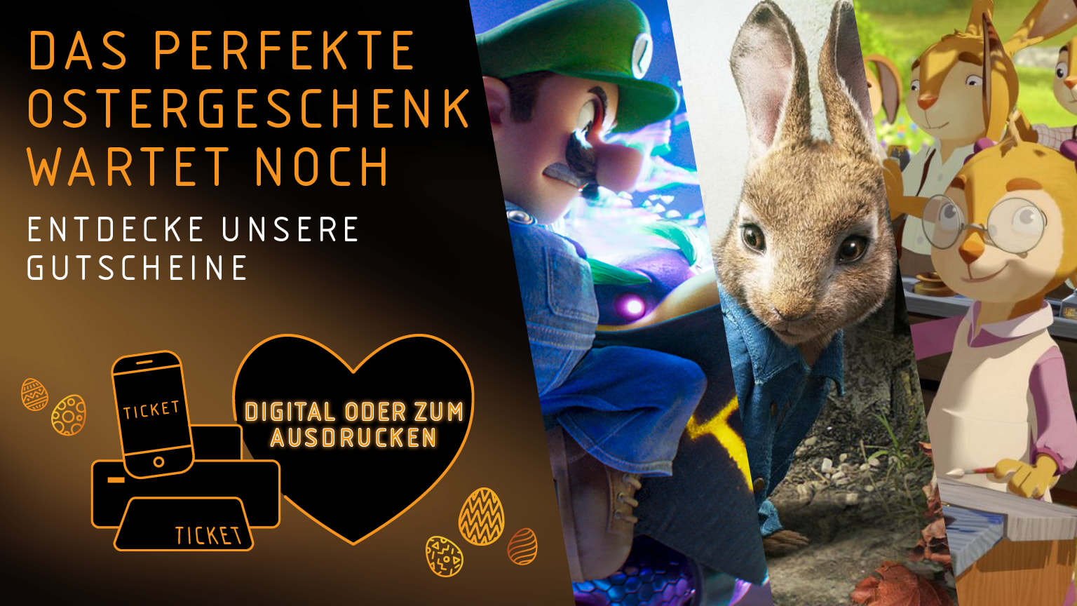Ticket mit der Aufschrift „TICKET – DIGITAL ODER ZUM AUSDRUCKEN“. Darunter steht: „DAS PERFEKTE OSTERGESCHENK WARTET NOCH – ENTDECKE UNSERE GUTSCHEINE“. Das Design ist schlicht, vermutlich ein Gutschein- oder Ticket-Motiv im Querformat.